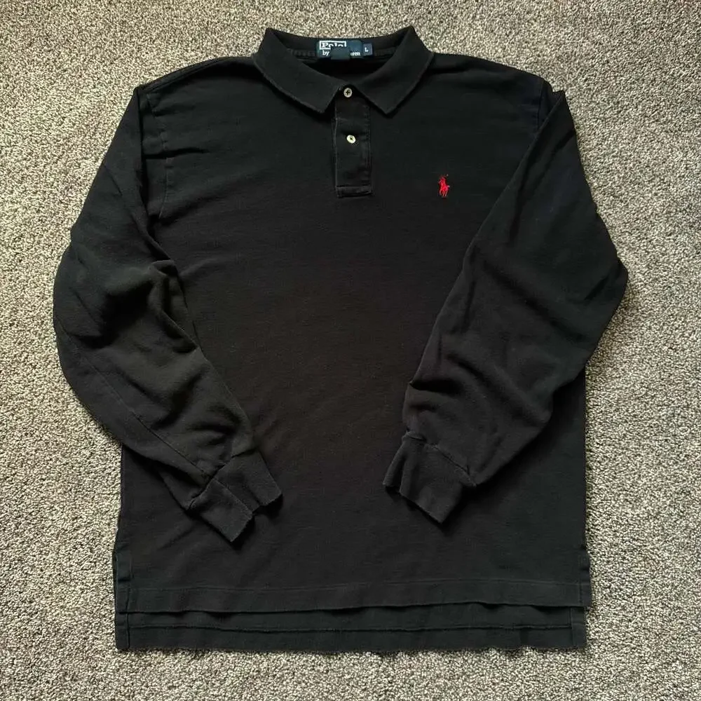 Polo Ralph Lauren Long Sleeve Mesh Polo Shirt Black Red Pony Logo Men’s Large